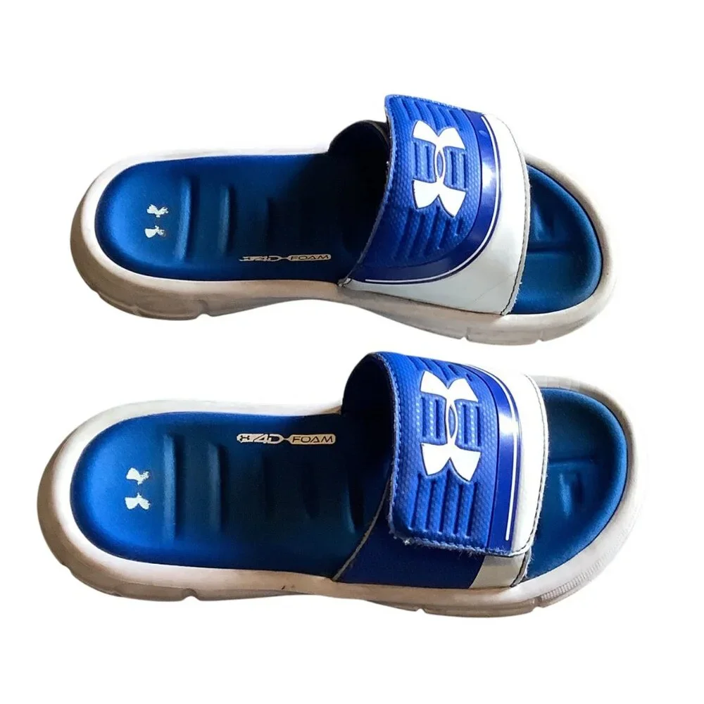 Under Armour Youth Slide Sandals Blue White  2 Youth‎ 4D Foam Cushion Comfort